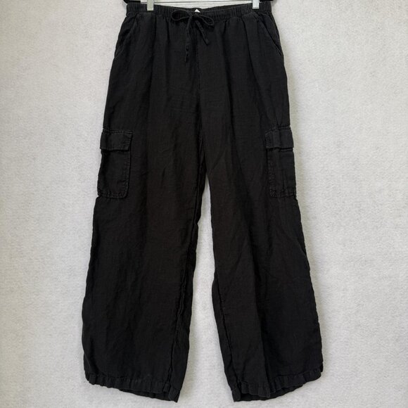 Caslon Linen Cargo Pants Womens Medium Black Drawstring Elastic Waist Pockets - Picture 1 of 10